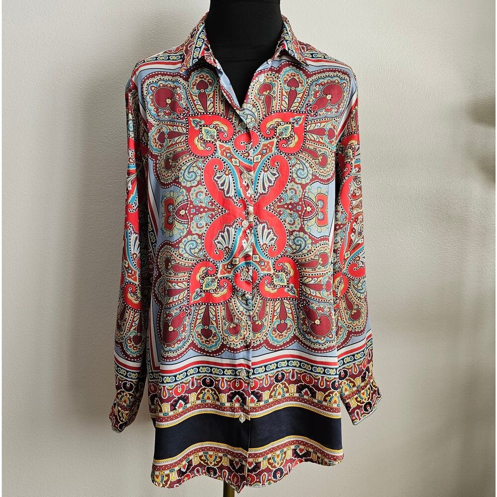 EUC ZARA Women's Red Paisley L/S Silky Satin Poly Button Front Blouse Med M